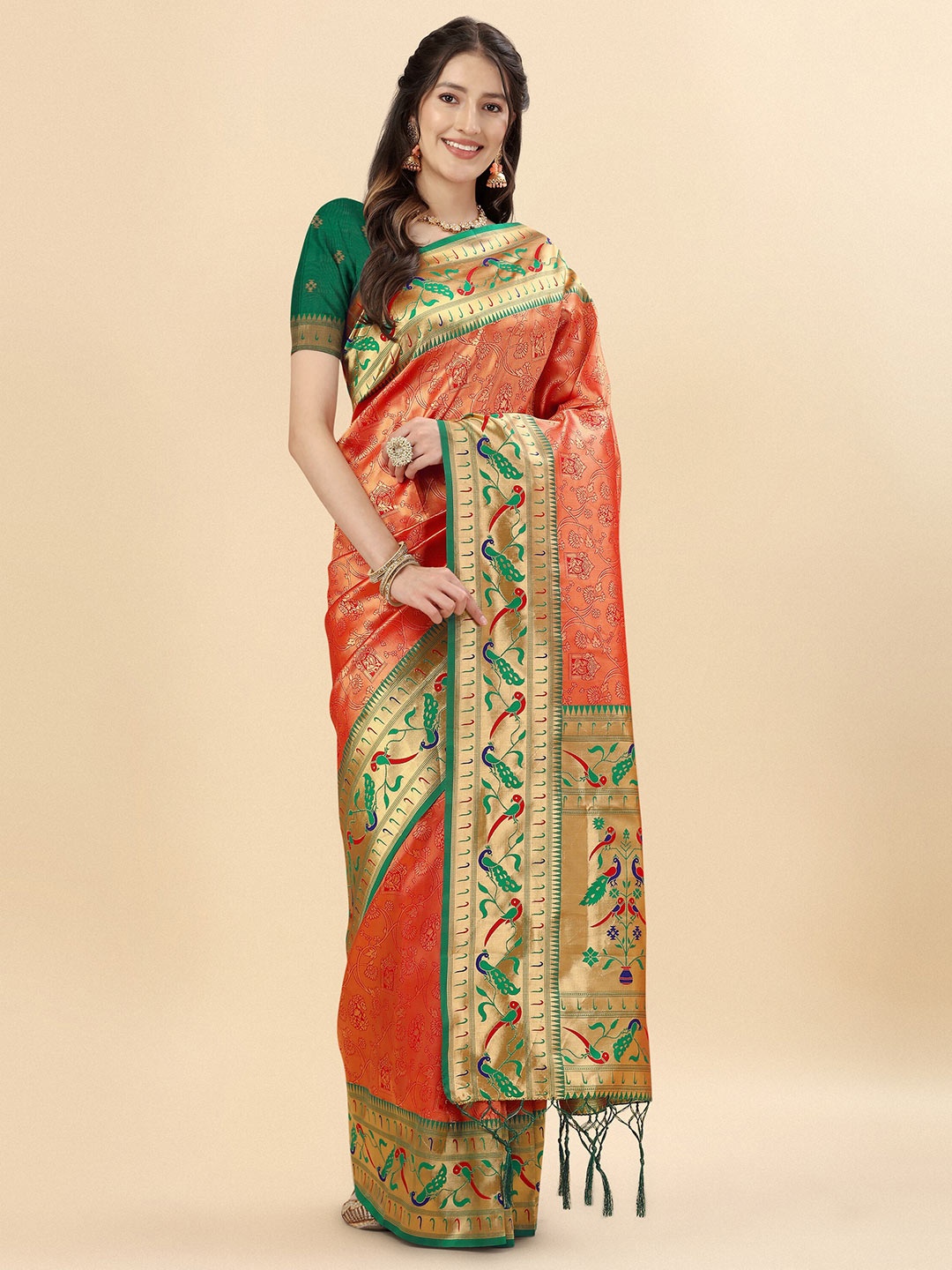 

Mitera Orange & Green Ethnic Motifs Woven Design Zari Pure Silk Paithani Saree