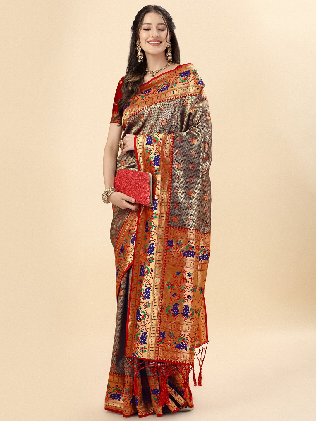 

Mitera Brown & Red thnic Motifs Woven Design Zari Pure Silk Paithani Saree