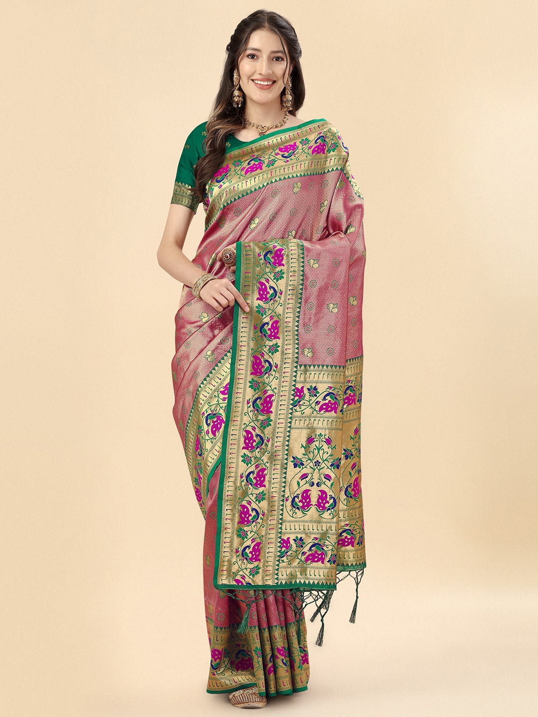 

Mitera Purple & Green Ethnic Motifs Woven Design Zari Pure Silk Paithani Saree