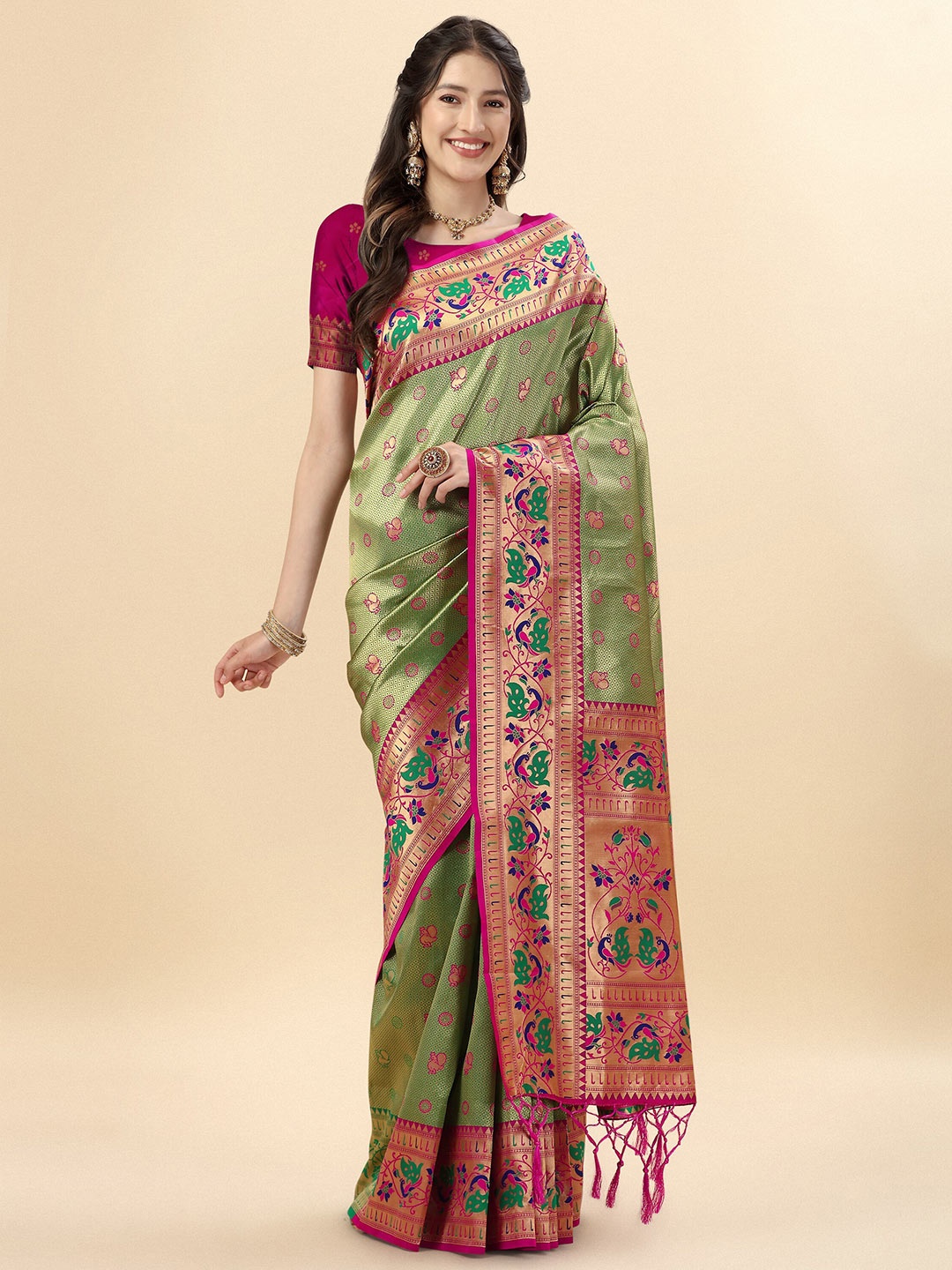 

Mitera Green & Red Ethnic Motifs Woven Design Zari Pure Silk Paithani Saree