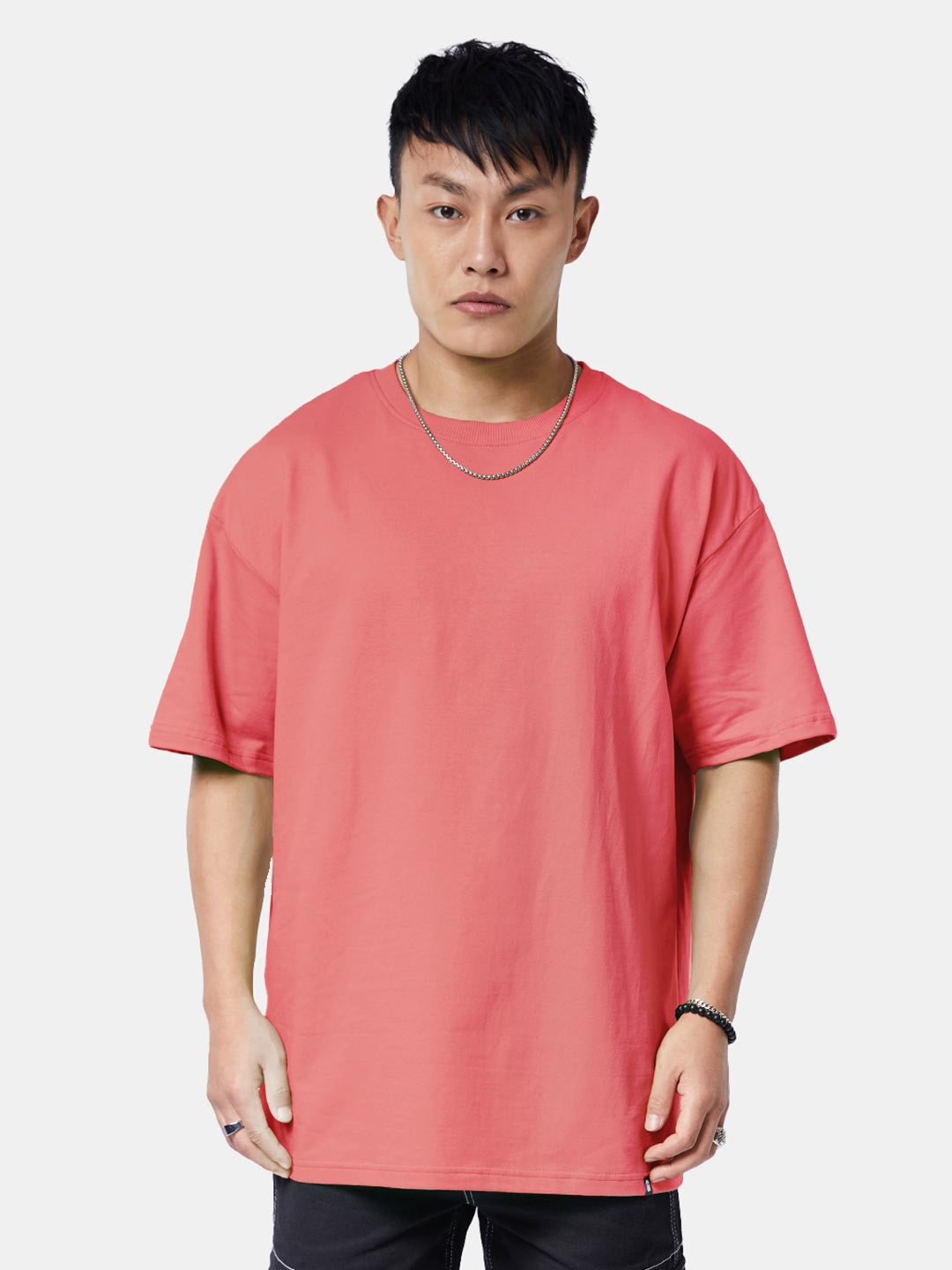 

The Souled Store Pink Round Neck Drop-Shoulder Sleeves Oversized Pure Cotton T-shirt
