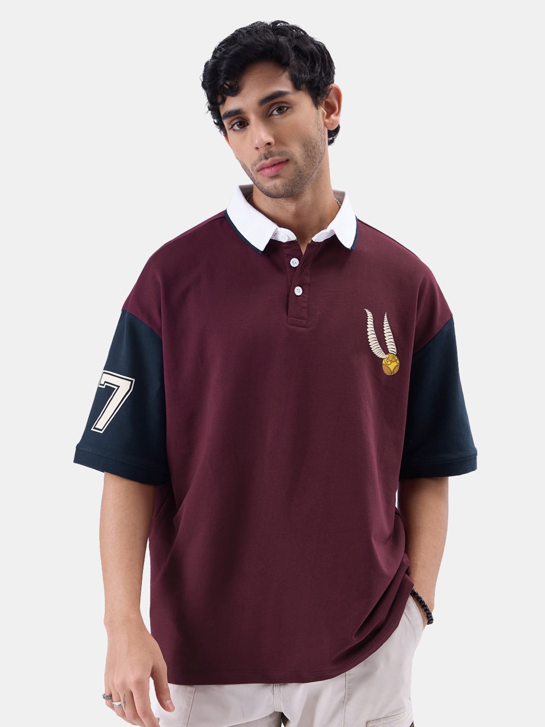 

The Souled Store Burgundy & Navy Blue Colourblocked Pure Cotton Oversized T-shirt