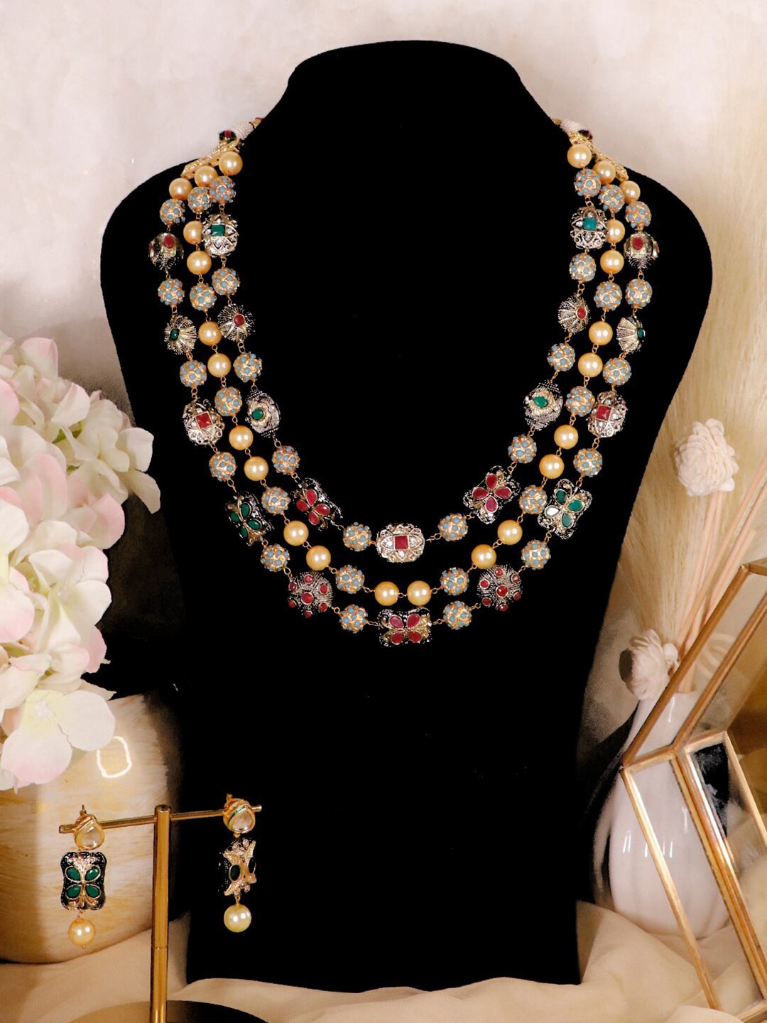 

Ishhaara Brass-Plated Layered Necklace With Drop Earrings, Gold