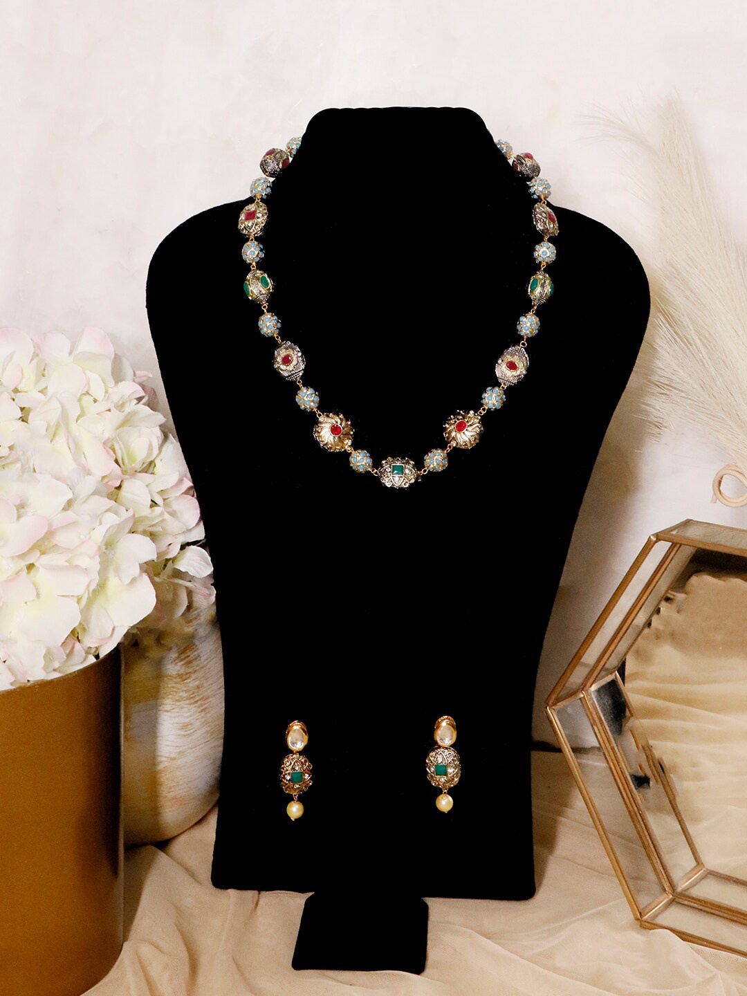

Ishhaara Brass-Plated Studded Circular Shaped Victorian Necklace with Earrings, Gold