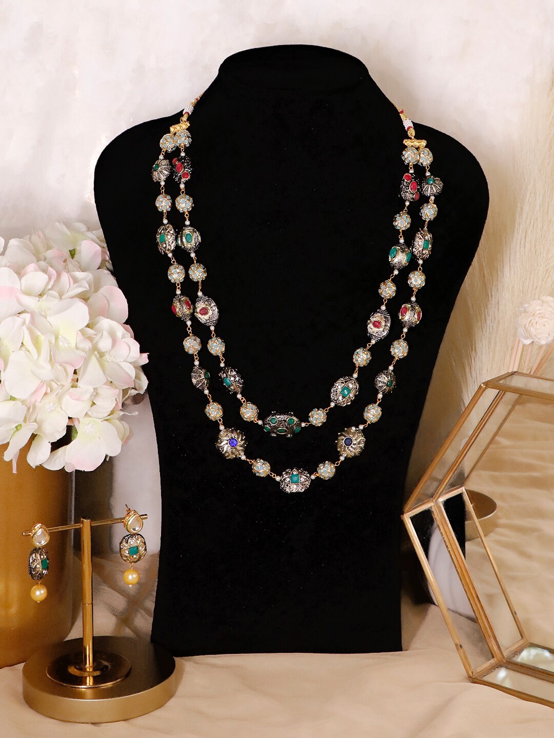 

Ishhaara Gunmetal-Toned & Green Brass Brass-Plated Hand Painted Necklace, Metallic