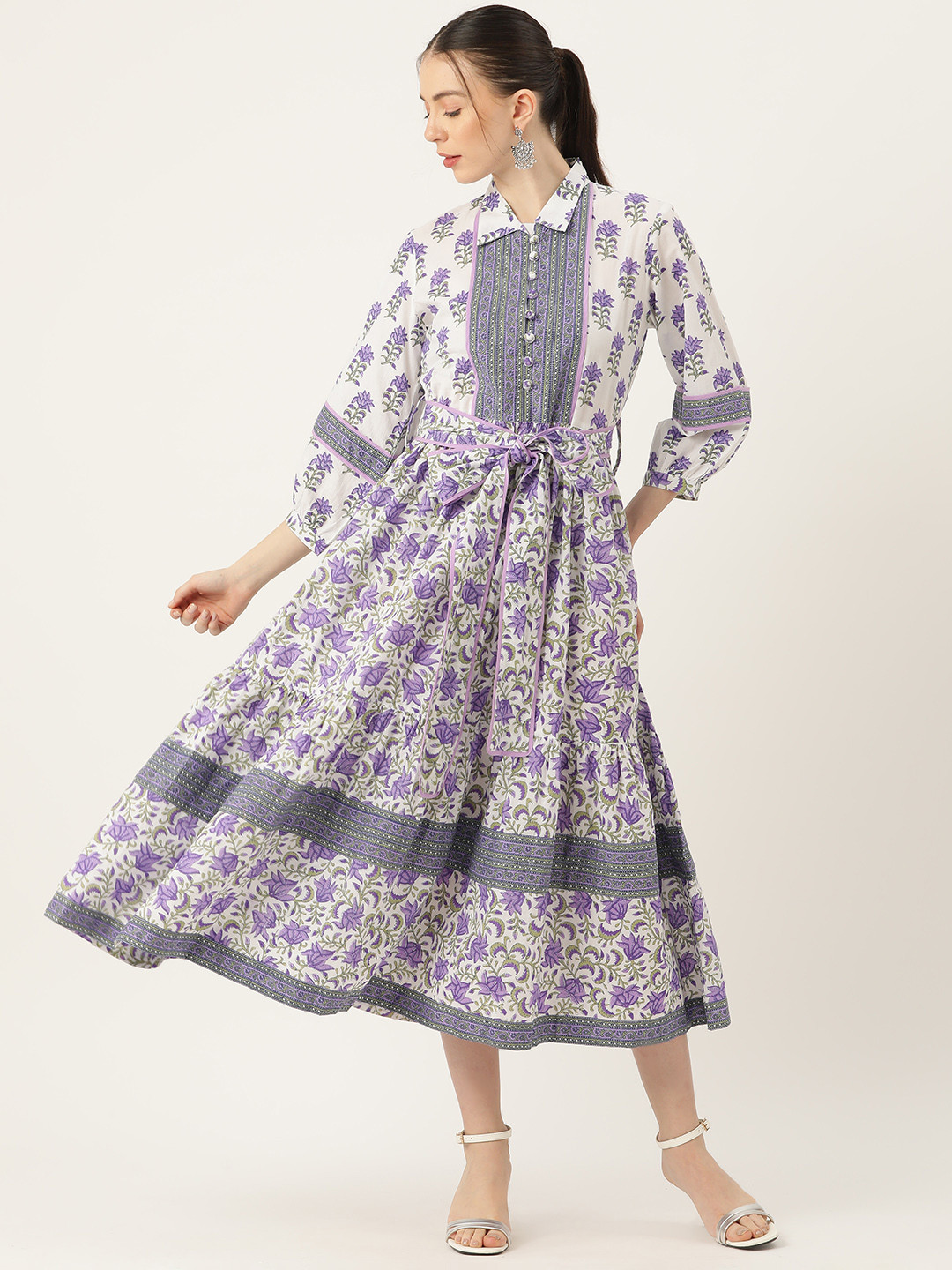 

Jaipur Morni Floral Print Puff Sleeve Cotton A-Line Midi Dress, White