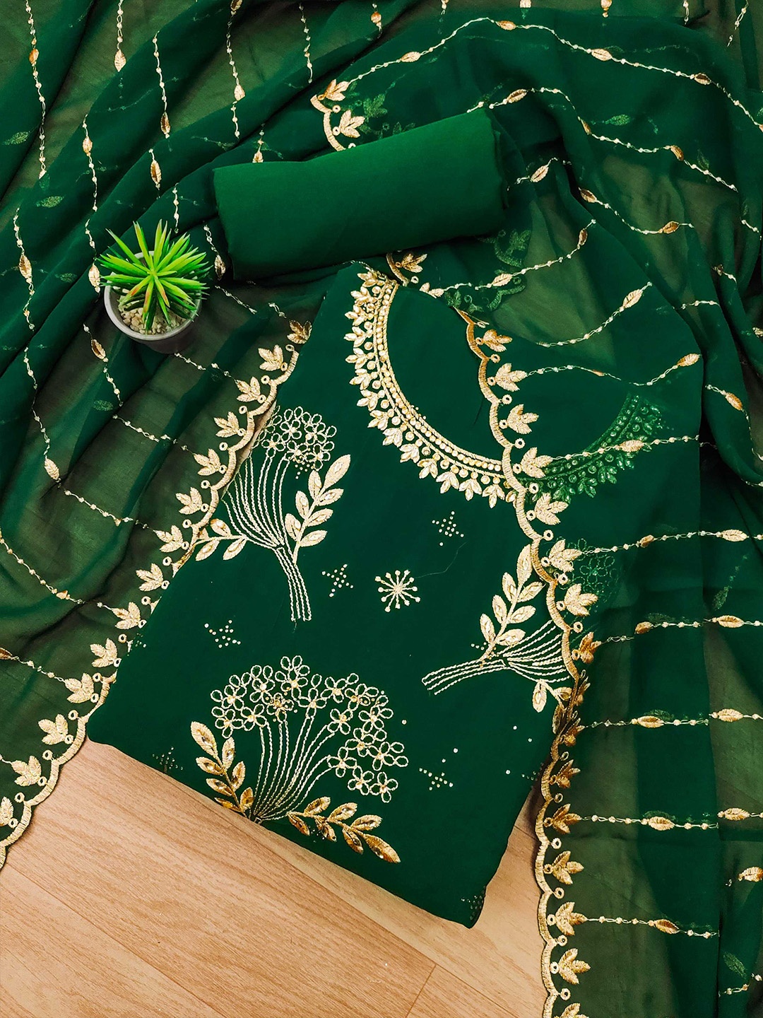

KALINI Ethnic Motif Embroidered Unstitched Dress Material, Green