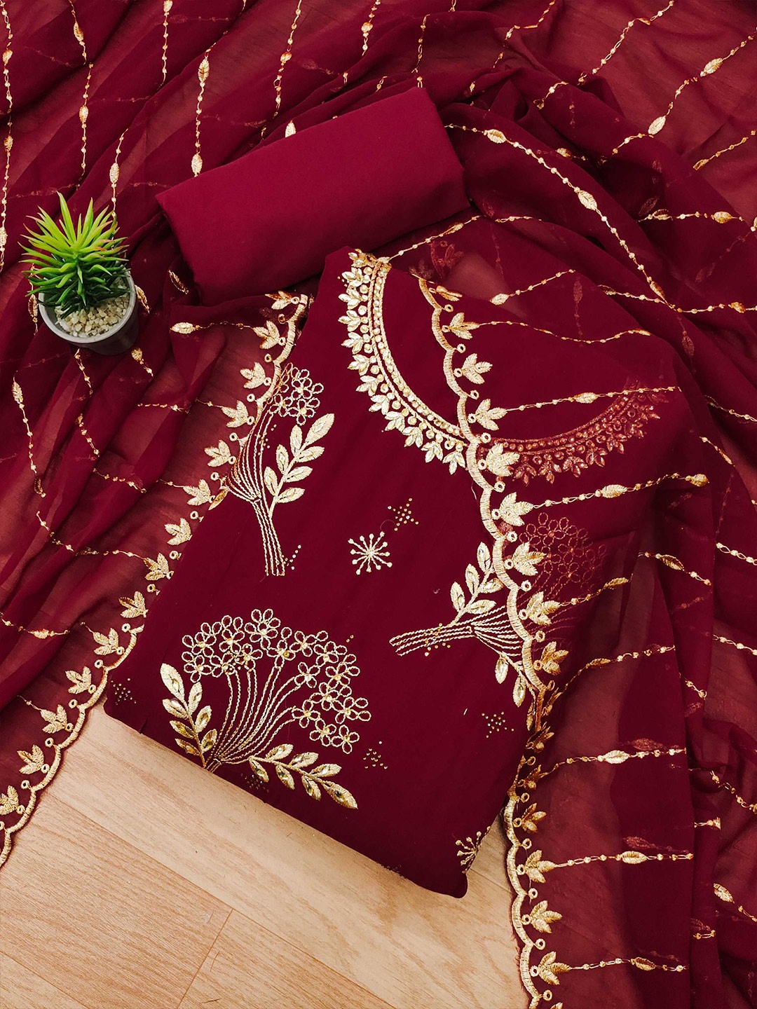 

KALINI Floral Embroidered Unstitched Dress Material, Maroon