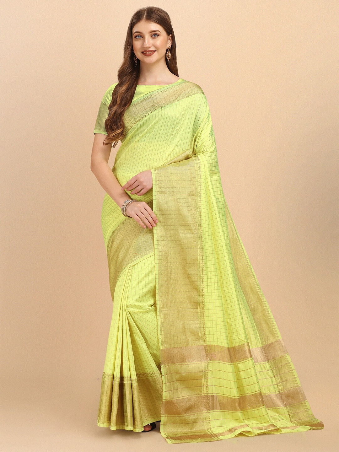 

Fashion Booms Checked Zari Pure Silk Banarasi Saree, Yellow