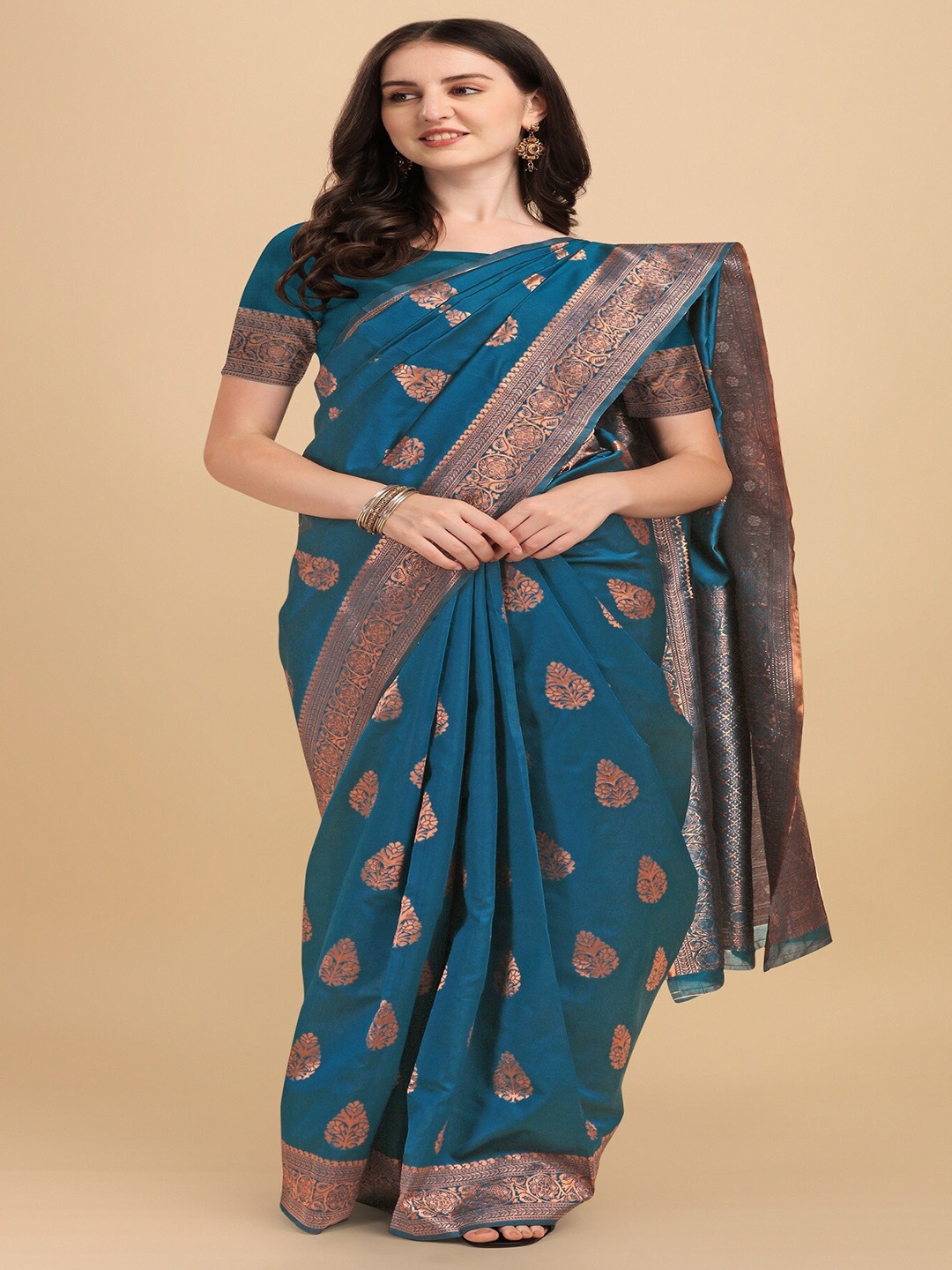 

Fashion Booms Floral Woven Design Zari Pure Silk Kanjeevaram Saree, Teal