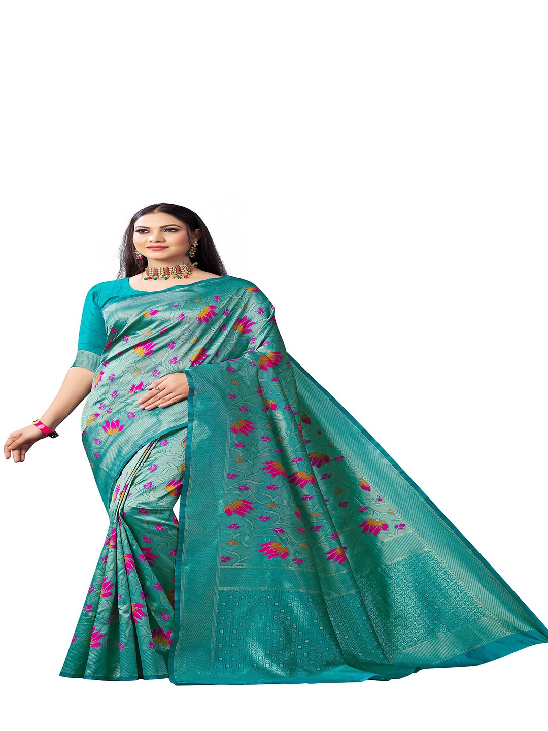 

Fashion Booms FloralWoven Design Zari Pure Silk Kanjeevaram Saree, Blue