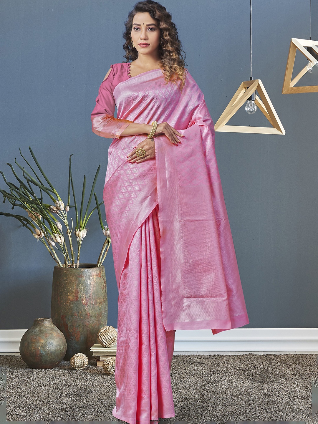 

Fashion Booms Ethnic Woven Design Zari Pure Silk Kanjeevaram Saree, Pink