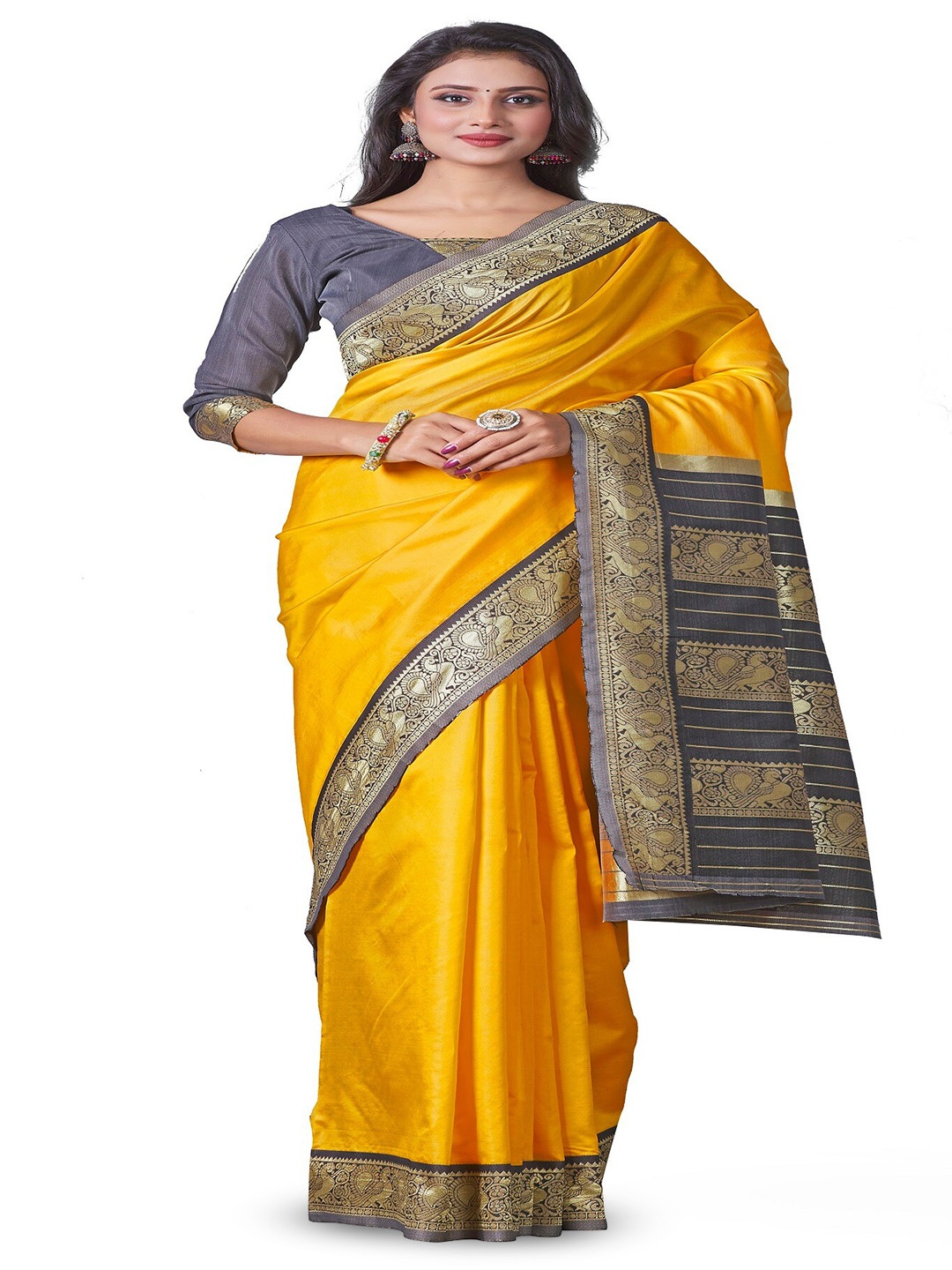 

Fashion Booms Zari Pure Silk Kanjeevaram Saree, Yellow