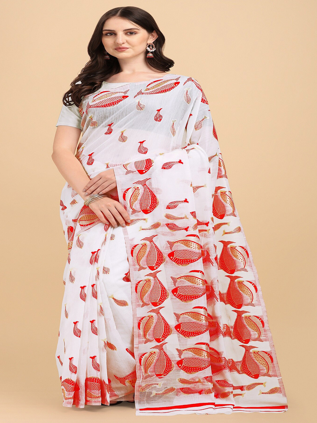 

Fashion Booms Ethnic Woven Design Pure Cotton Jamdani Saree, White