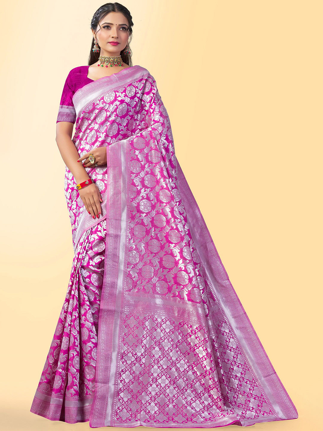 

Fashion Booms Floral Woven Design Zari Pure Silk Kanjeevaram Saree, Magenta