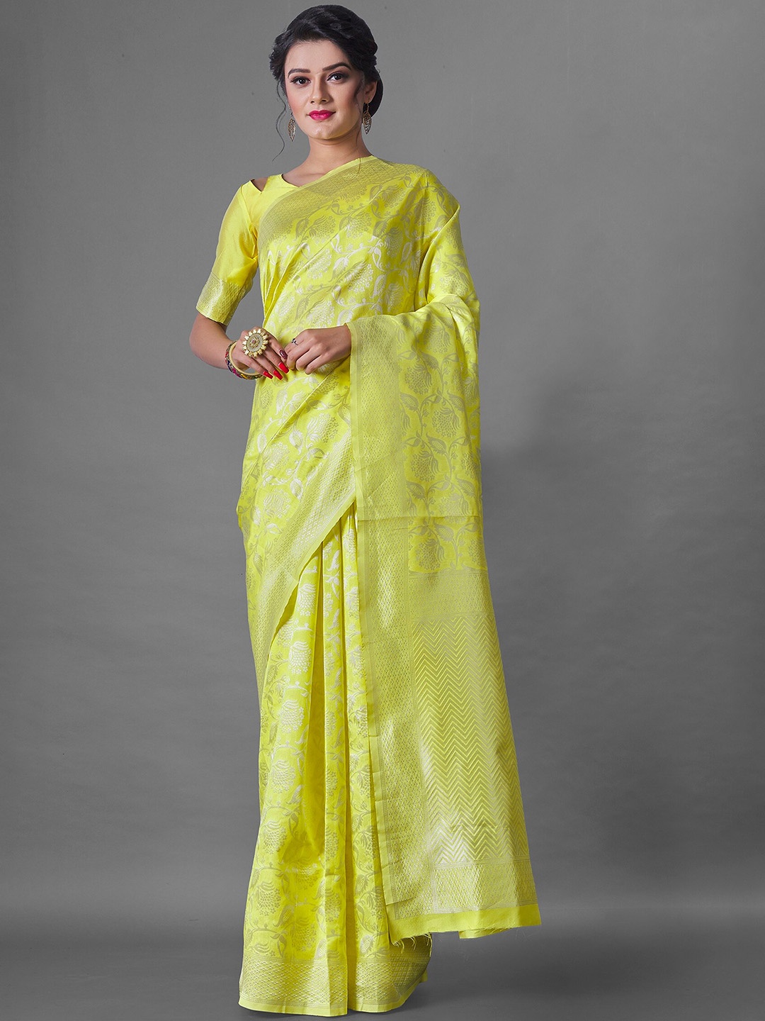 

Fashion Booms Ethnic Motifs Woven Design Zari Silk Blend Banarasi Saree, Yellow