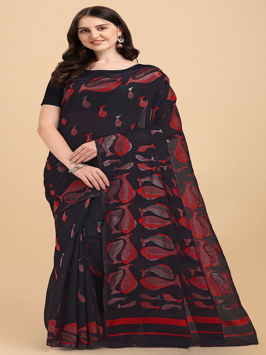 

Fashion Booms Ethnic Motifs Woven Design Pure Cotton Jamdani Saree, Black
