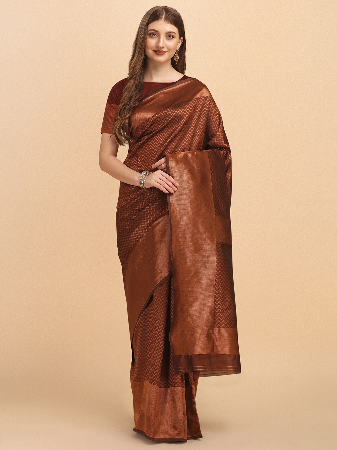 

Fashion Booms Geometric Woven Design Zari Pure Silk Kanjeevaram Saree, Brown