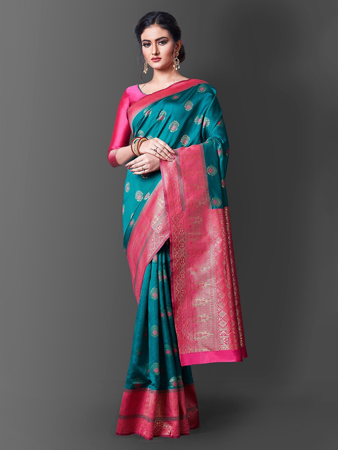 

Fashion Booms Ethnic Motif Woven Design Zari Pure Silk Kanjeevaram Saree, Green