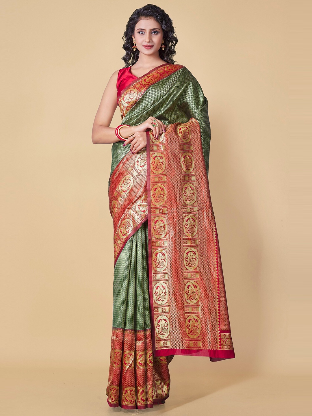 

Fashion Booms Ethnic Motif Woven Design Zari Pure Silk Kanjeevaram Saree, Green