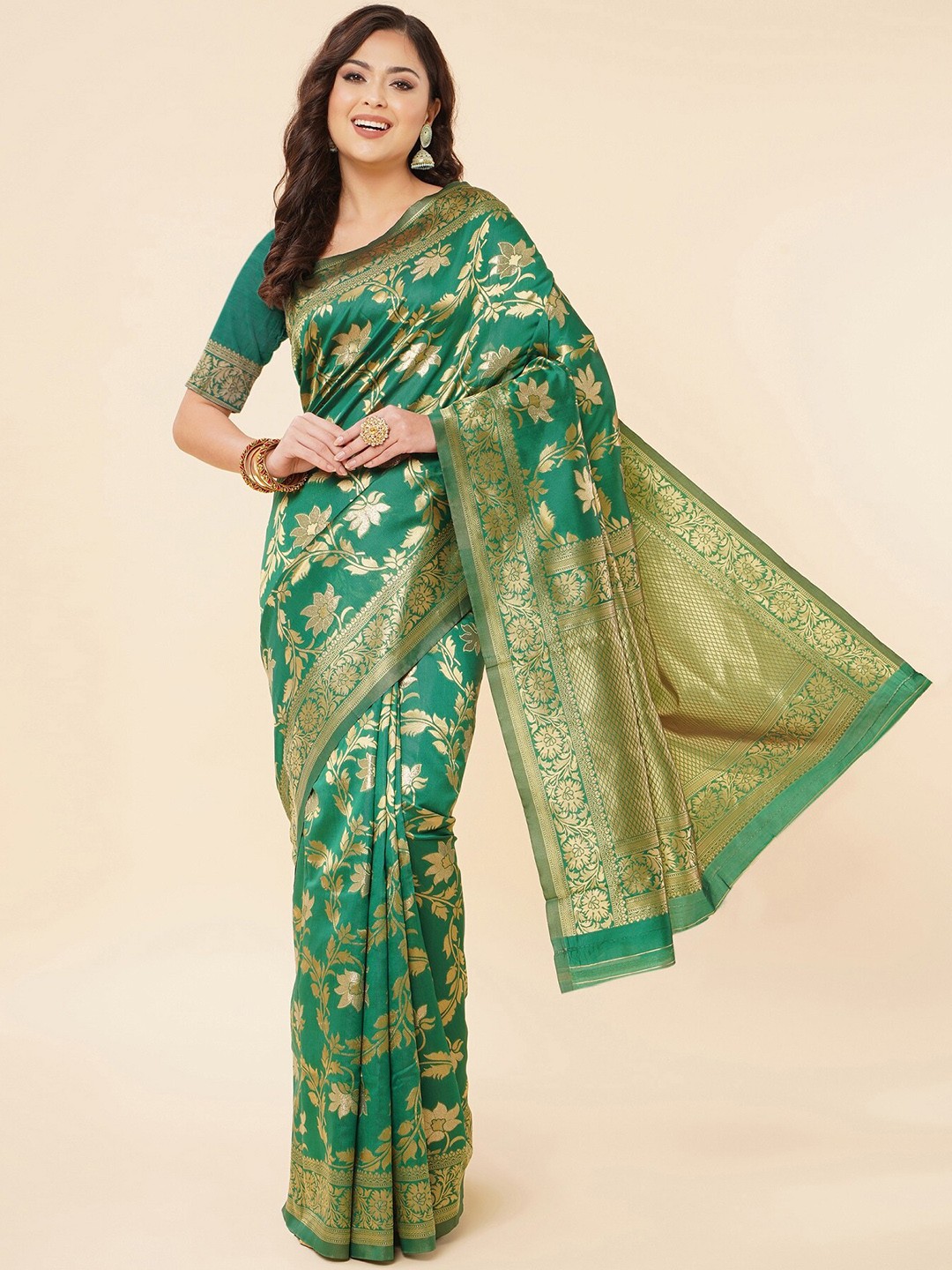 

Fashion Booms Floral Woven Design Zari Pure Silk Kanjeevaram Saree, Green