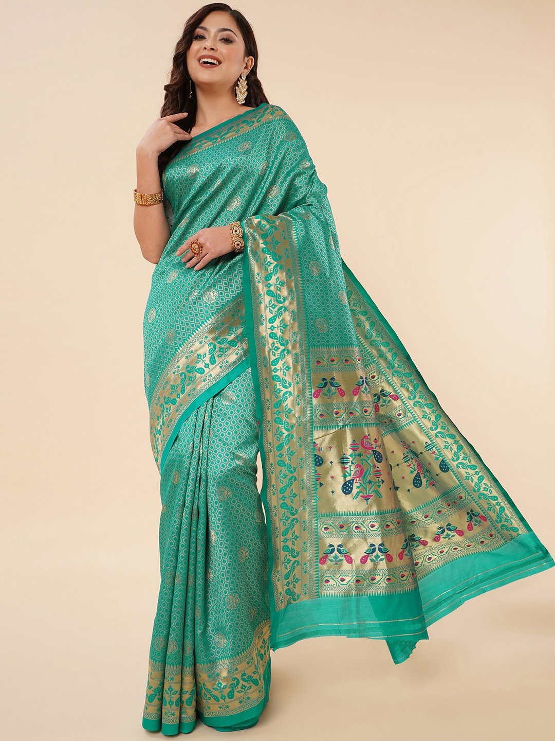 

Fashion Booms Ethnic Motif Woven Design Zari Pure Silk Kanjeevaram Saree, Green