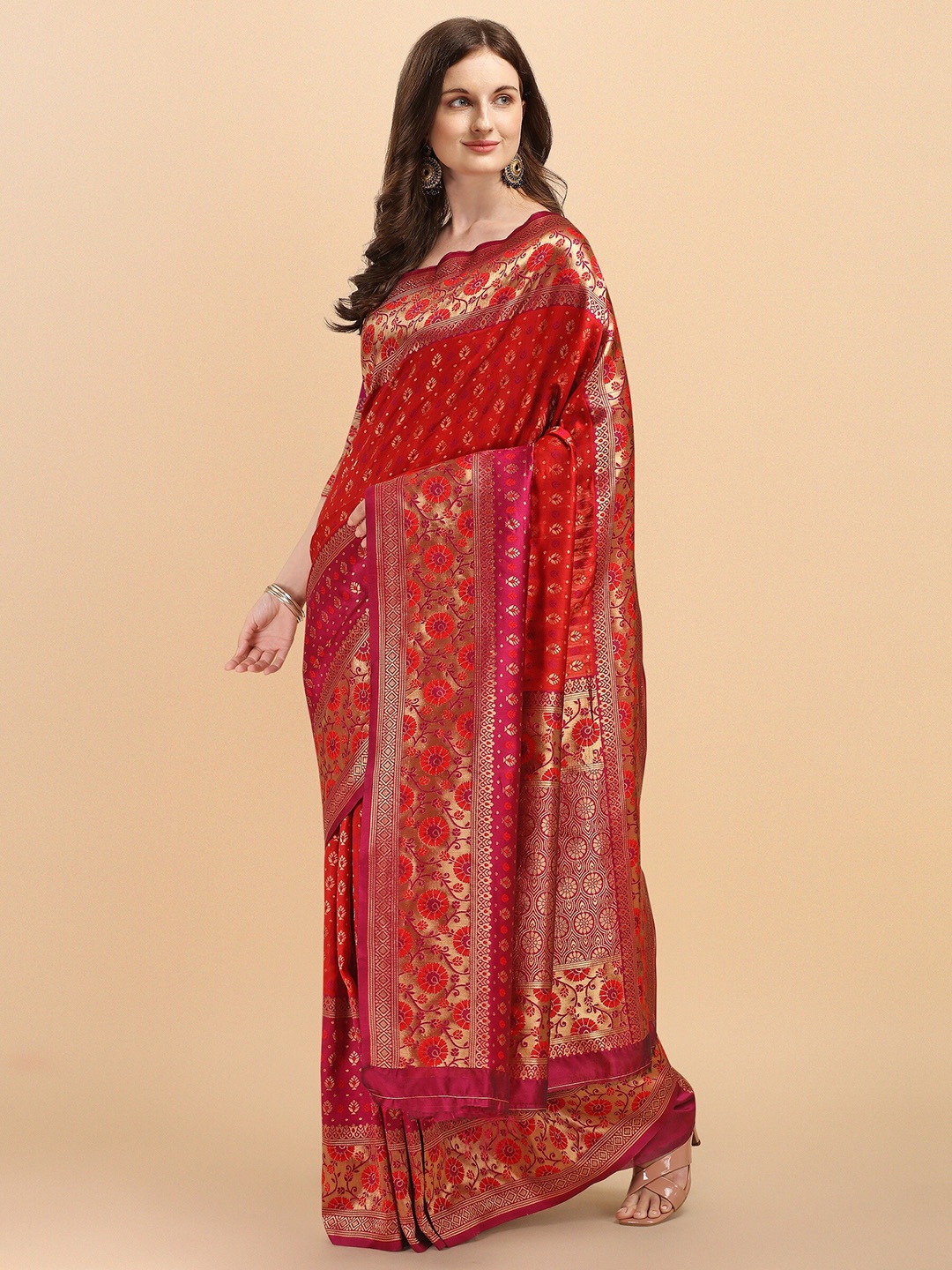 

Fashion Booms Floral Woven Design Zari Pure Silk Kanjeevaram Saree, Red