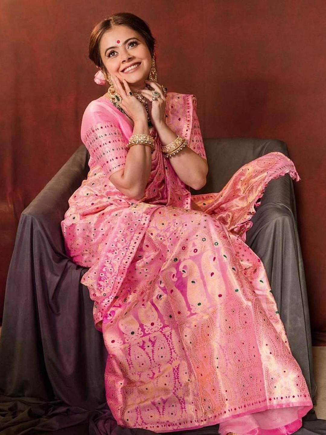

Fashion Booms Ethnic Motif Zari Pure Silk Banarasi Saree, Pink