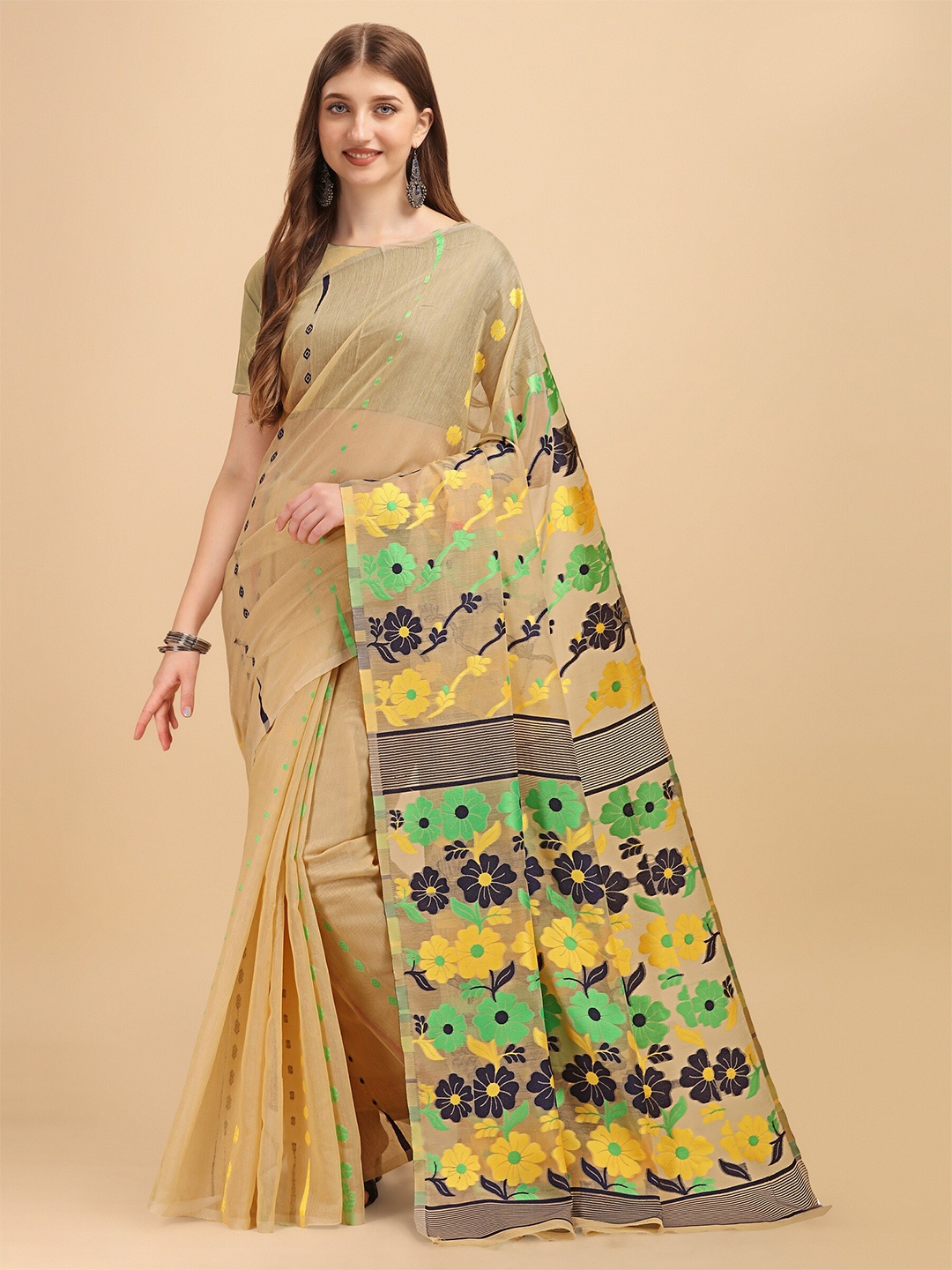 

Fashion Booms Floral Woven Design Pure Cotton Jamdani Saree, Beige