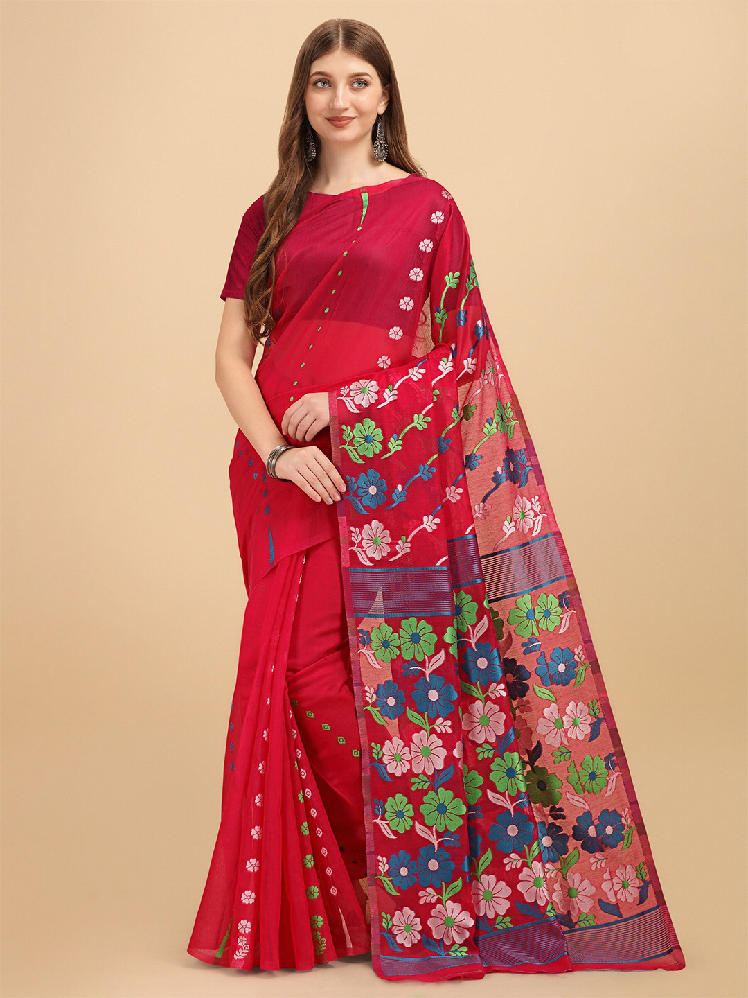 

Fashion Booms Floral Woven Design Pure Cotton Jamdani Saree, Red