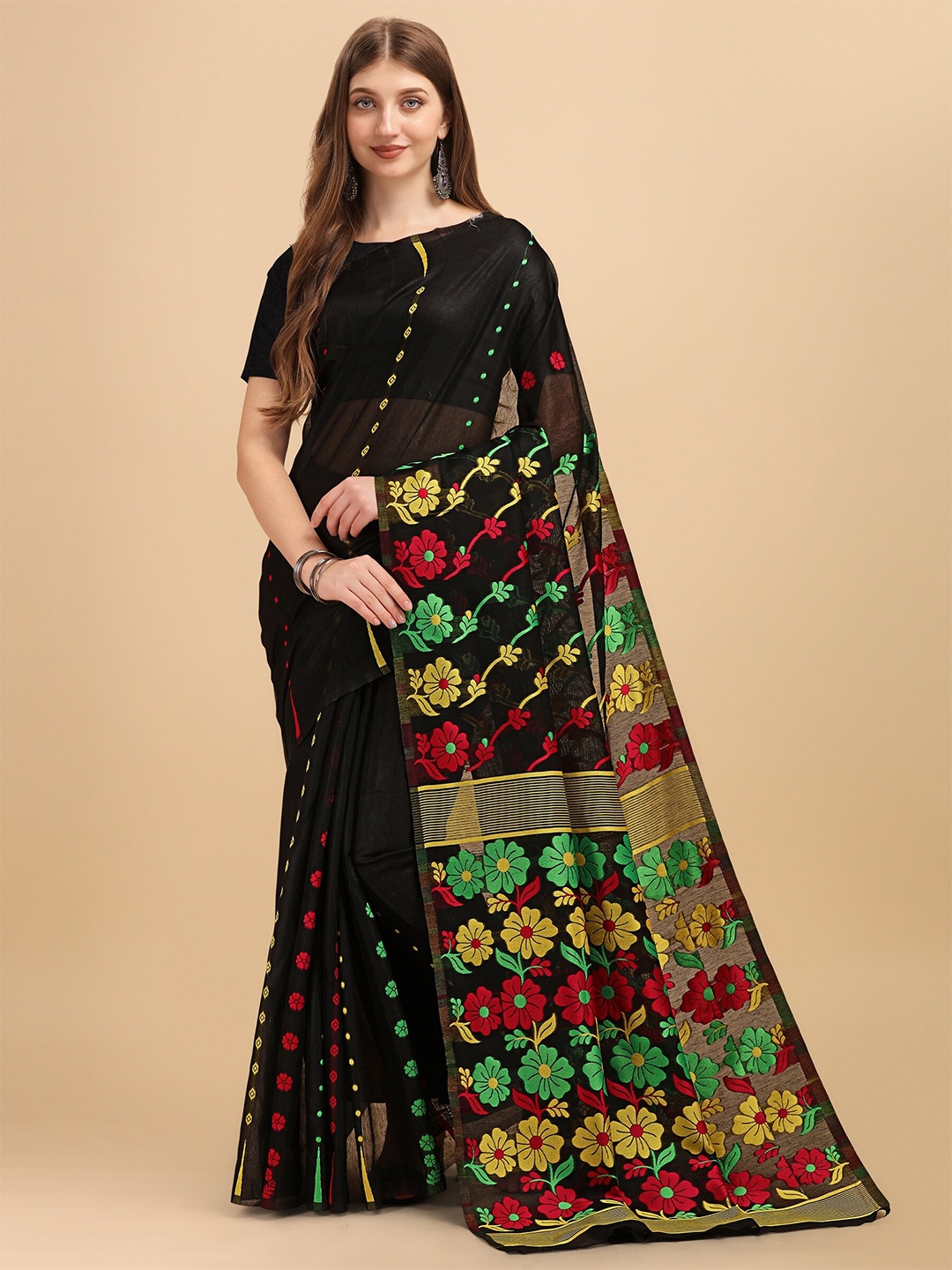 

Fashion Booms Floral Woven Design Pure Cotton Jamdani Saree, Black