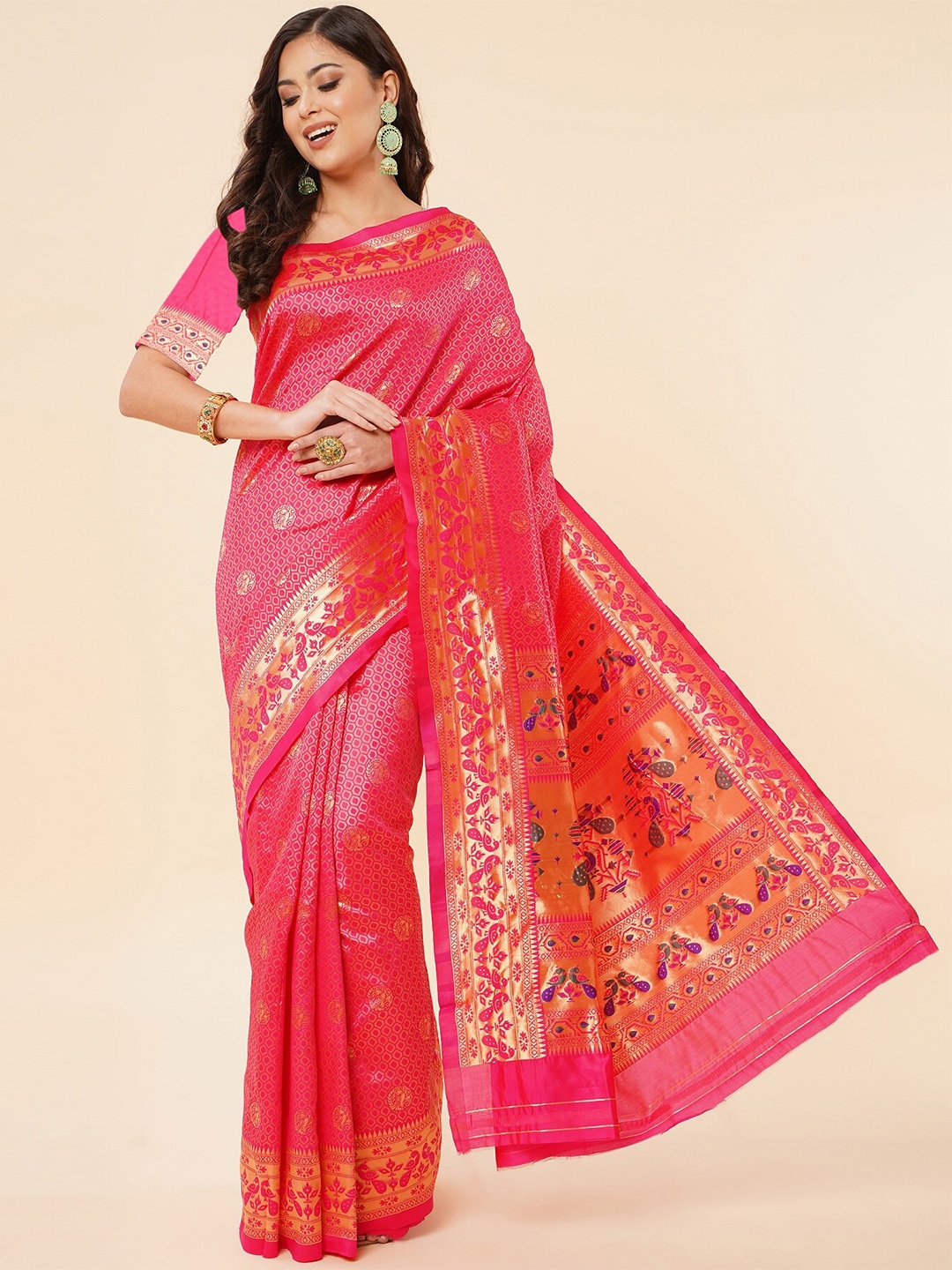 

Fashion Booms Ethnic Woven Design Zari Pure Silk Kanjeevaram Saree, Pink