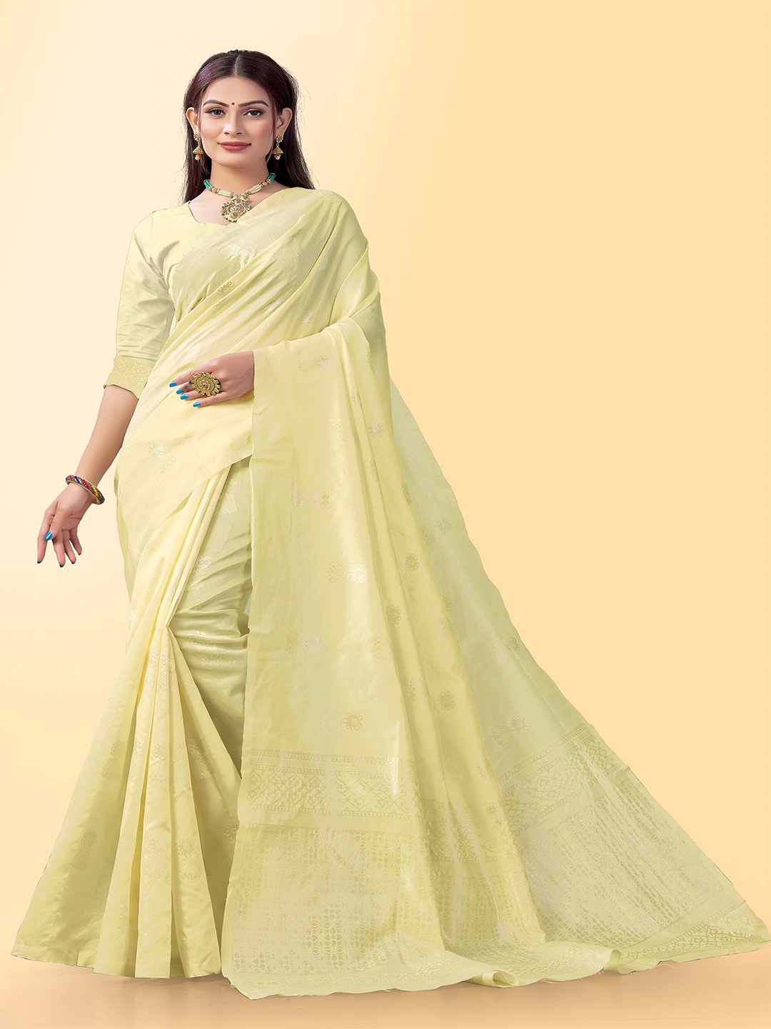 

Fashion Booms Woven Design Zari Pure Silk Kanjeevaram Saree, Yellow