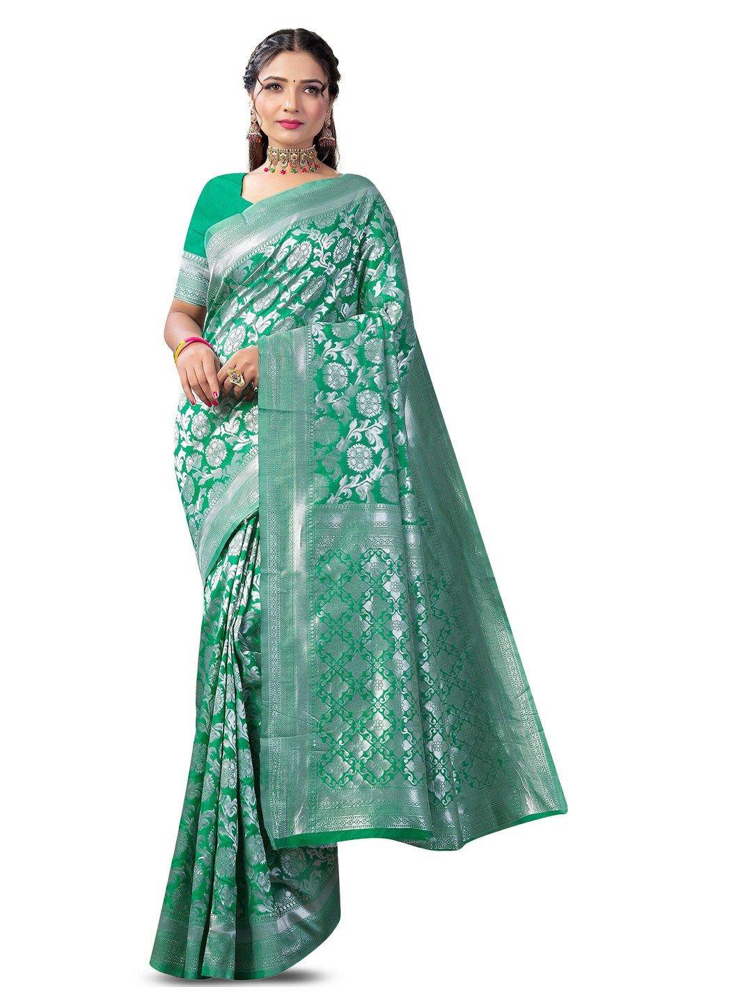 

Fashion Booms Floral Woven Design Zari Pure Silk Kanjeevaram Saree, Green