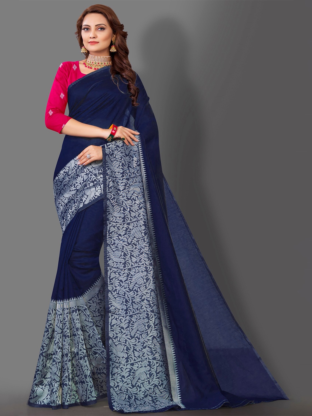 

Fashion Booms Zari Silk Blend Banarasi Saree, Navy blue