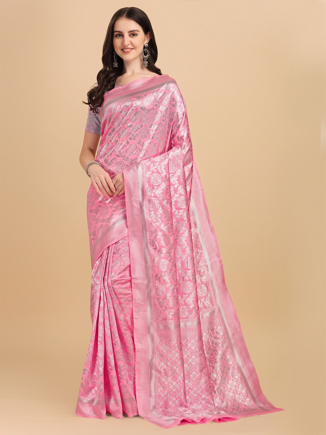 

Fashion Booms Floral Woven Design Zari Pure Silk Kanjeevaram Saree, Pink