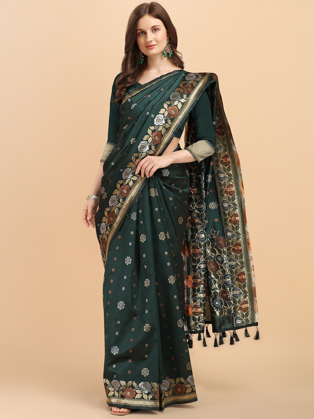 

Fashion Booms Floral Woven Design Zari Pure Silk Kanjeevaram Saree, Green