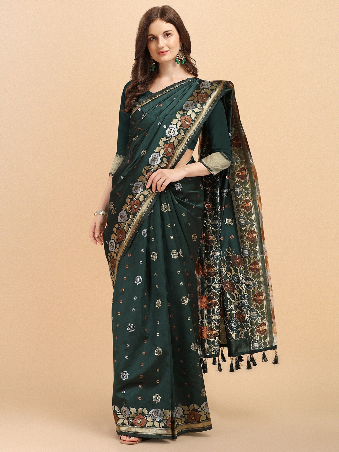 

Fashion Booms Floral Woven Design Zari Pure Silk Kanjeevaram Saree, Green