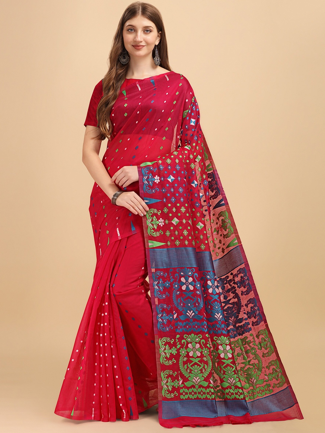 

Fashion Booms Floral Woven Design Pure Cotton Jamdani Saree, Pink