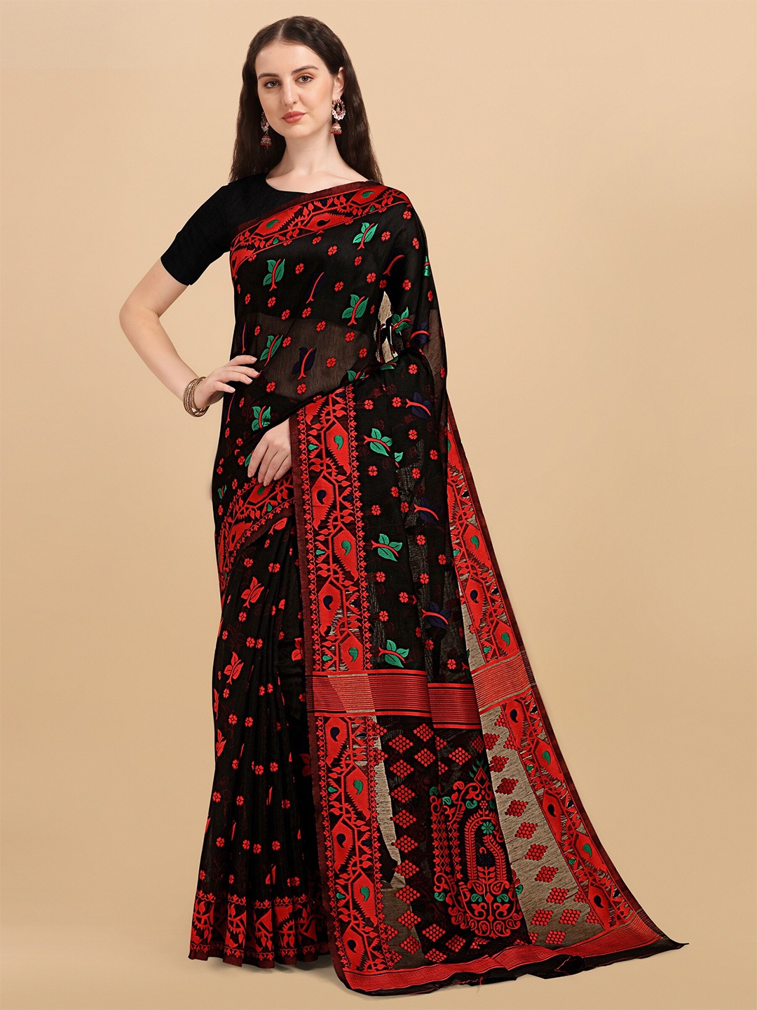 

Fashion Booms Floral Woven Design Pure Cotton Jamdani Saree, Black