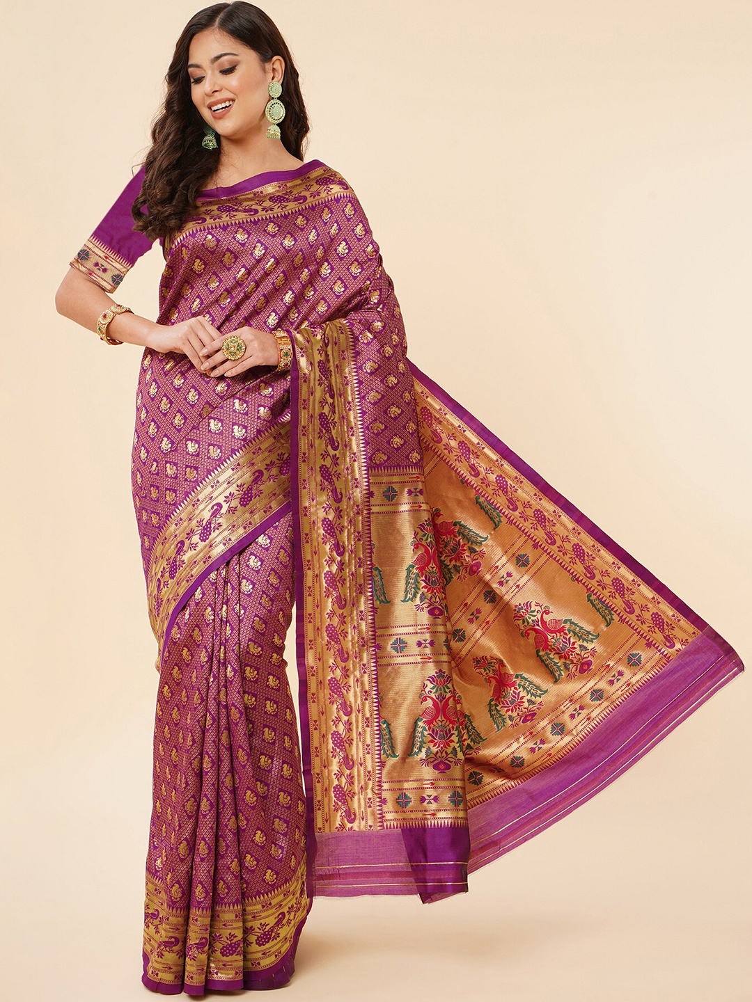 

Fashion Booms Ethnic Motif Woven Design Zari Pure Silk Kanjeevaram Saree, Purple