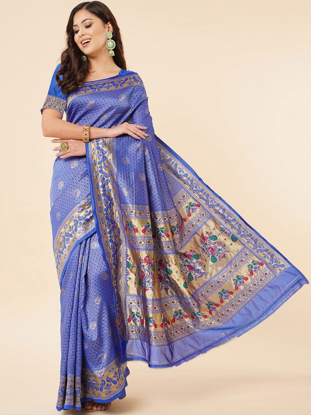 

Fashion Booms Ethnic Motif Woven Design Zari Pure Silk Kanjeevaram Saree, Blue
