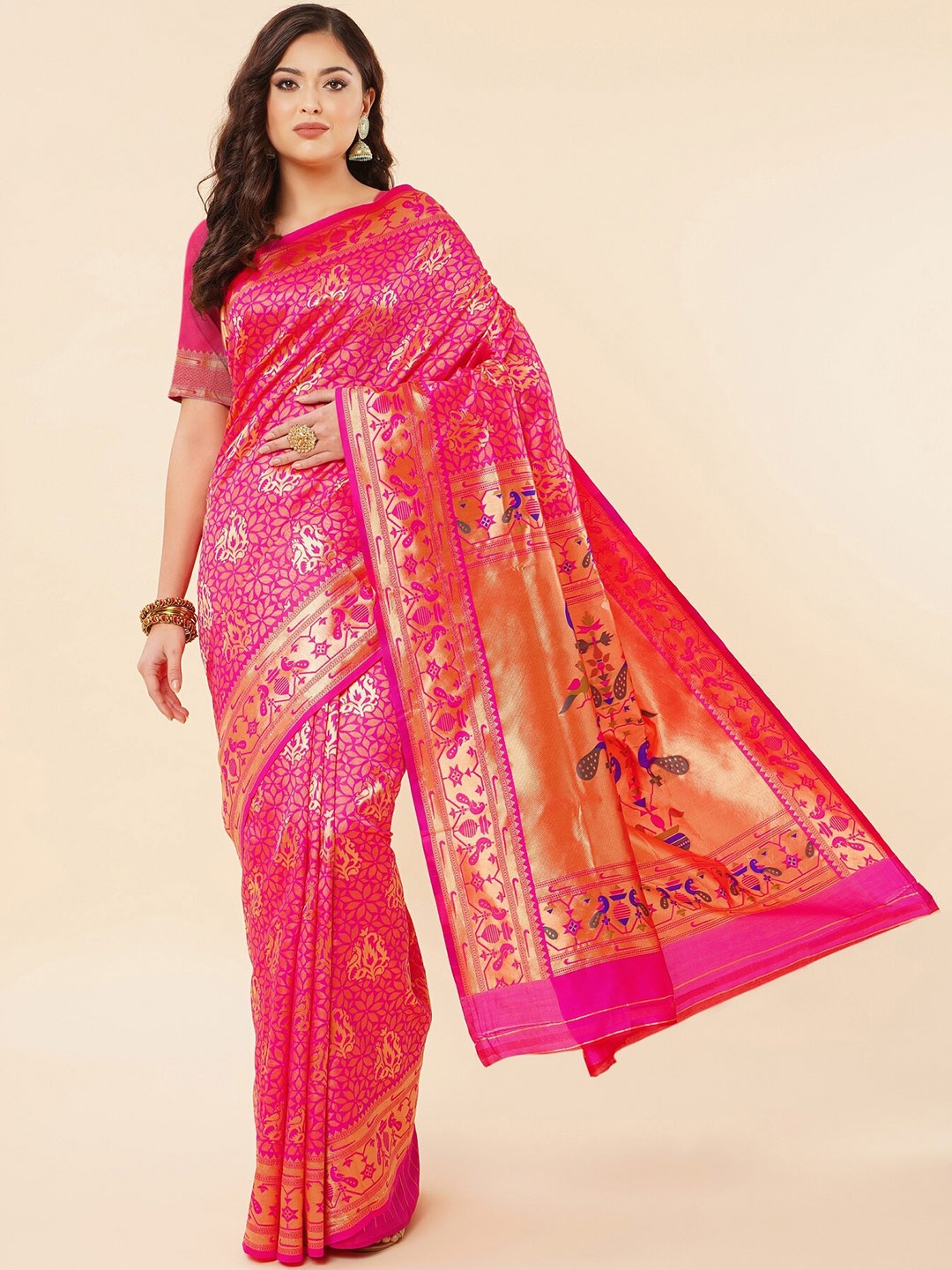 

Fashion Booms Floral Woven Design Zari Pure Silk Kanjeevaram Saree, Pink
