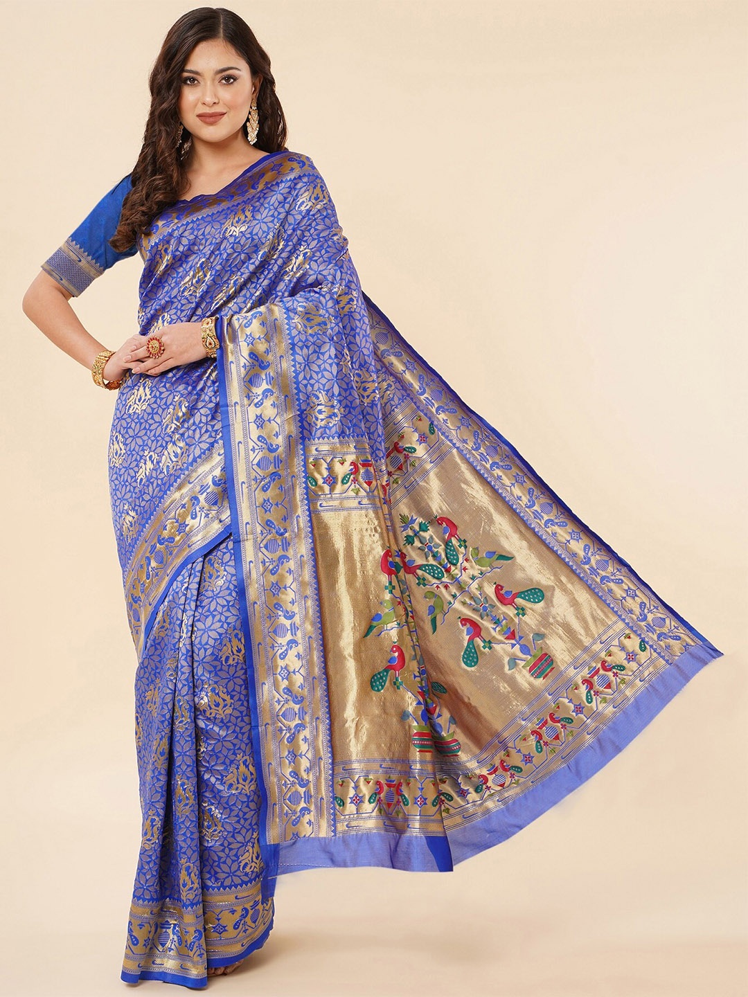 

Fashion Booms Floral Woven Design Zari Pure Silk Kanjeevaram Saree, Blue