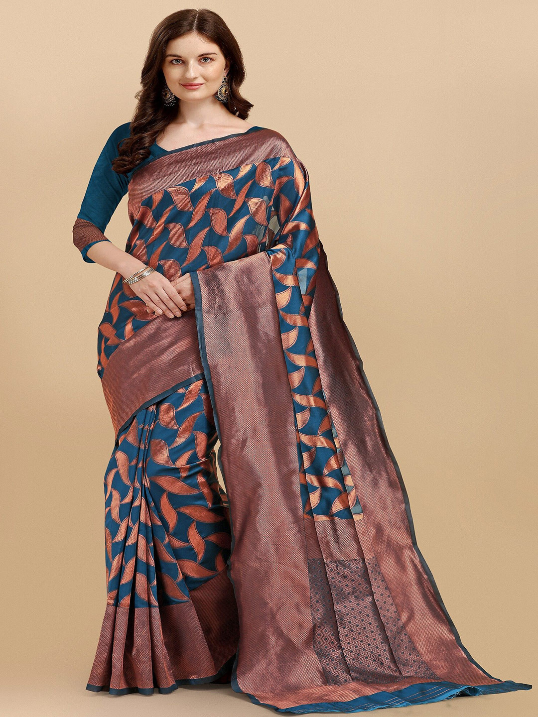 

Fashion Booms Floral Woven Design Zari Pure Silk Kanjeevaram Saree, Blue