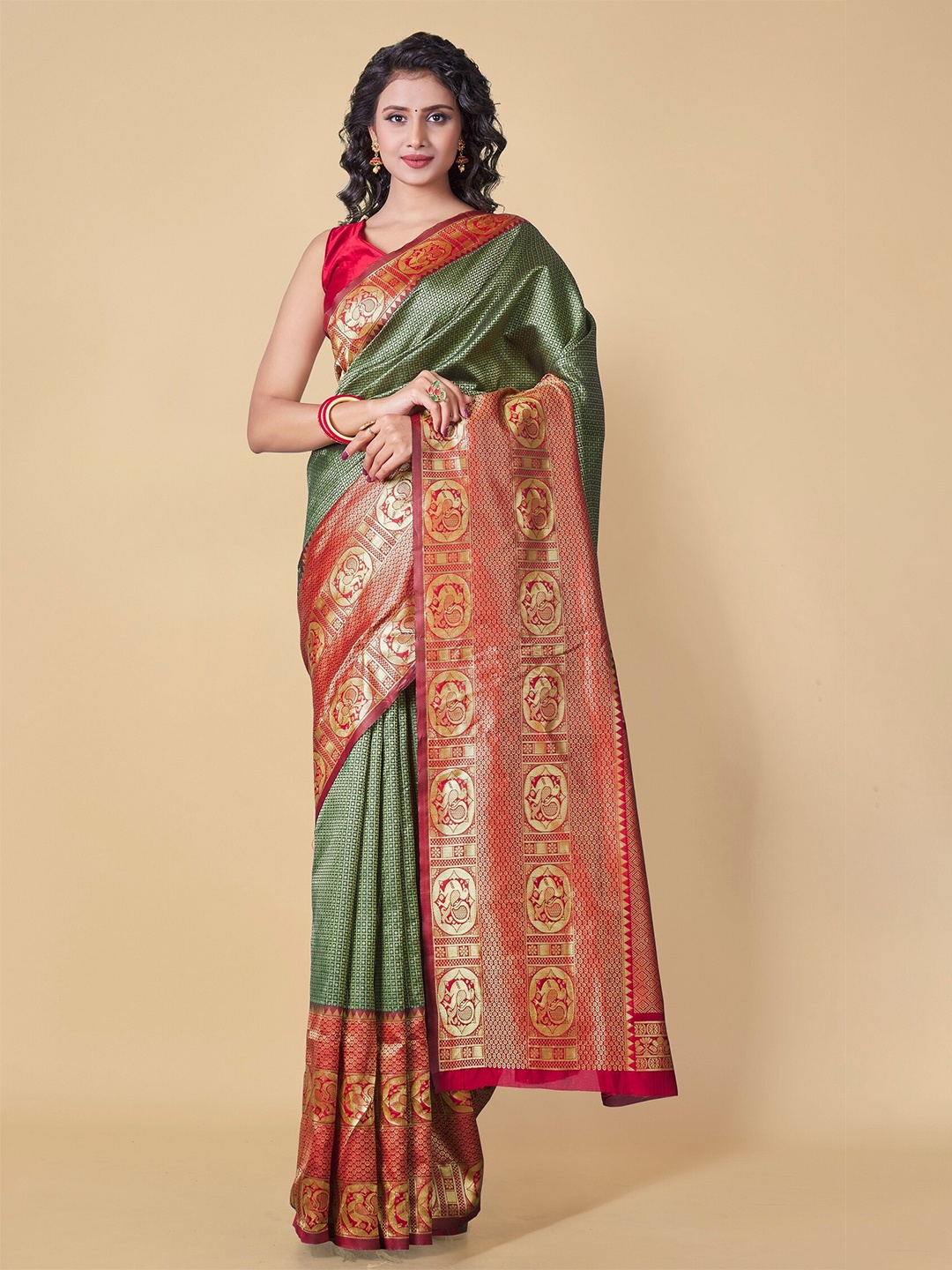 

Fashion Booms Ethnic Motif Woven Design Zari Pure Silk Kanjeevaram Saree, Green