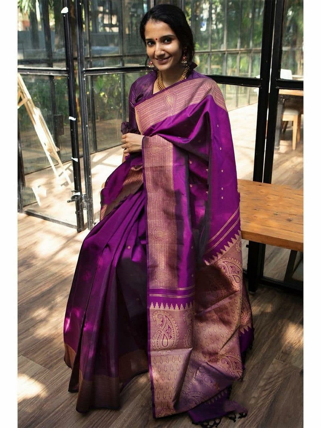 

Fashion Booms Floral Woven Design Zari Pure Silk Kanjeevaram Saree, Violet