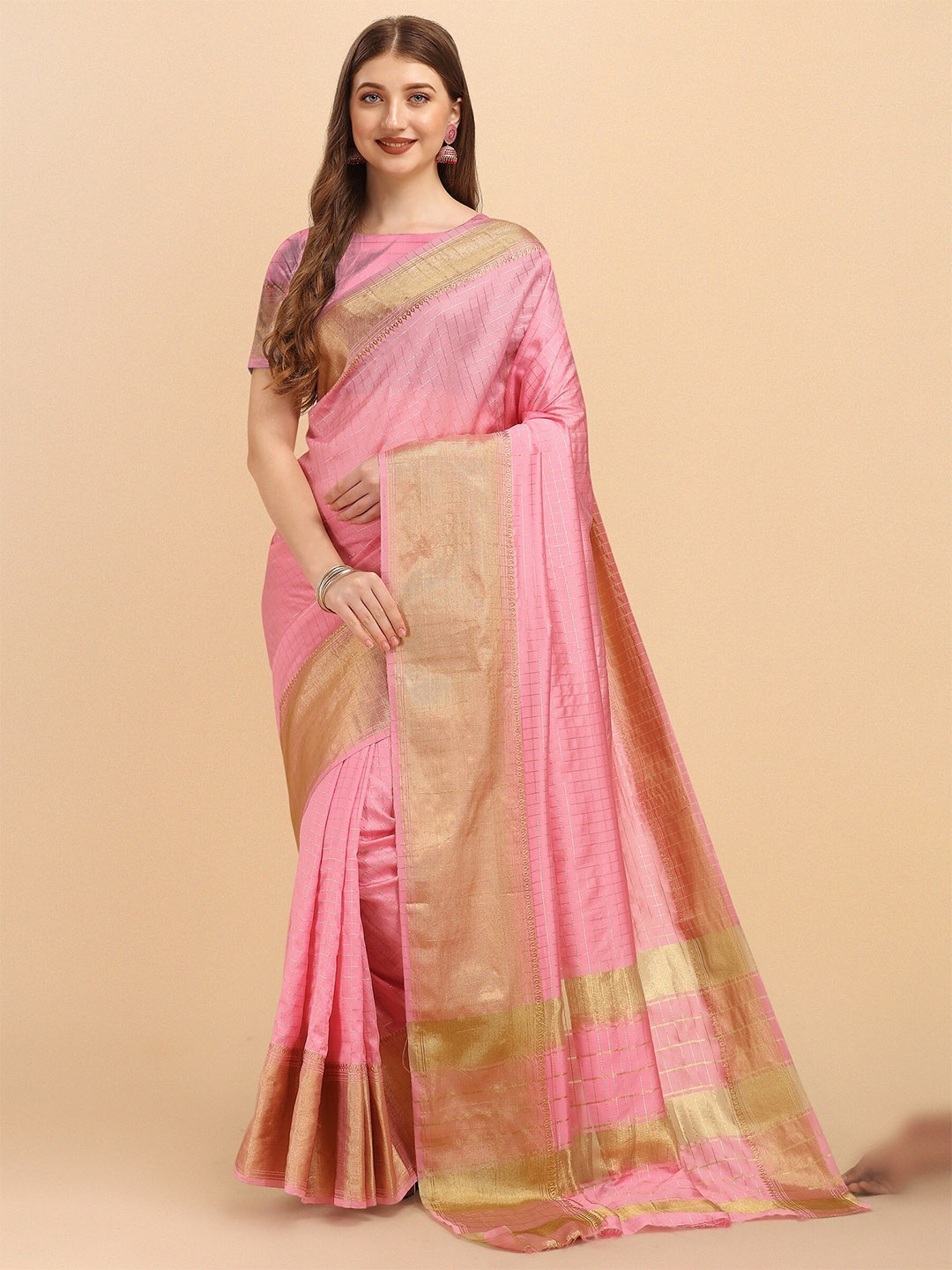 

Fashion Booms Checked Zari Pure Silk Banarasi Saree, Pink