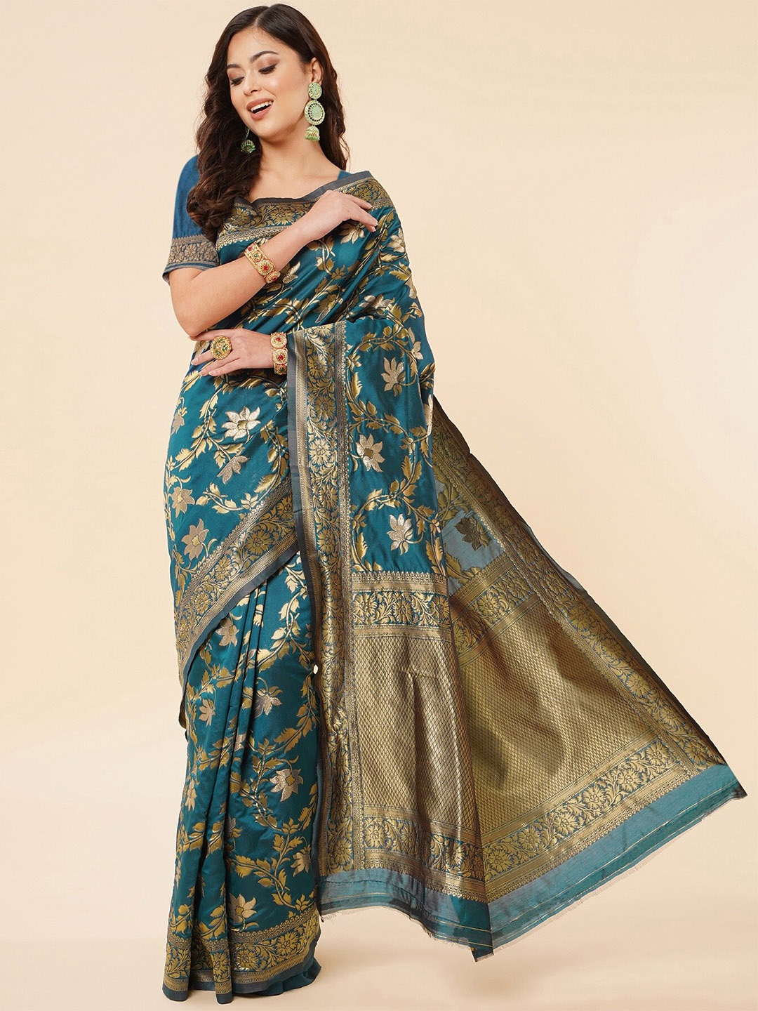 

Fashion Booms Floral Woven Design Zari Pure Silk Kanjeevaram Saree, Teal