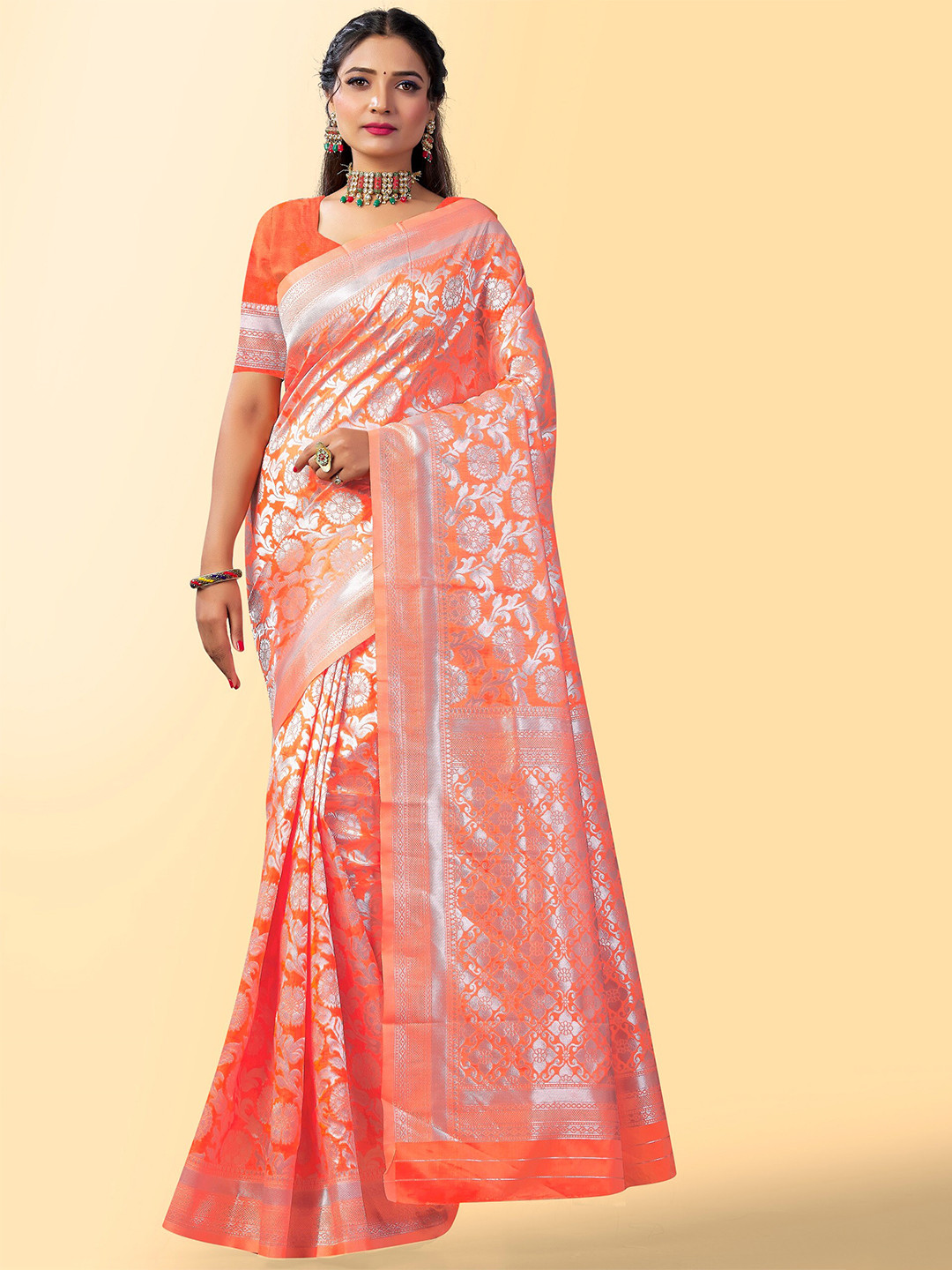 

Fashion Booms Floral Woven Design Zari Pure Silk Kanjeevaram Saree, Orange